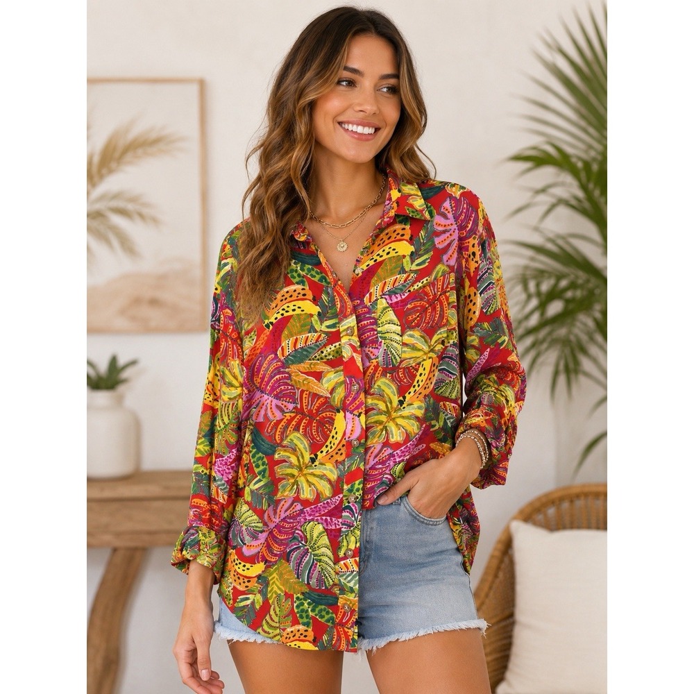 VICI Boho Collared Button Down Vacay Top Tropical Palm Multicolor Sz XS